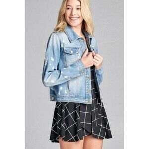 Light Blue Denim Bleach Spot Distressed Jacket